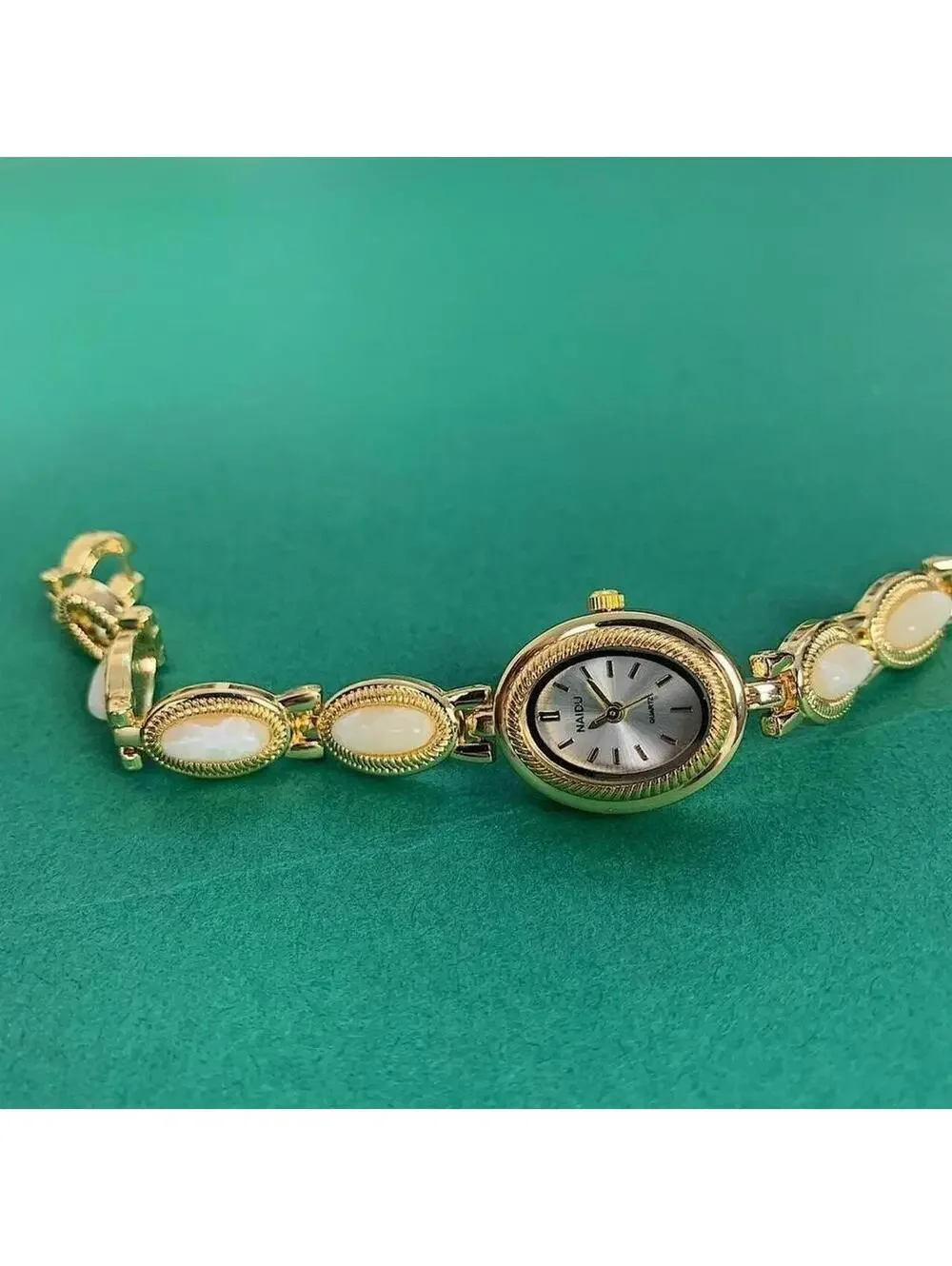 Y2k style Dainty cute Gold style tone quartz watch with white jade stone opal